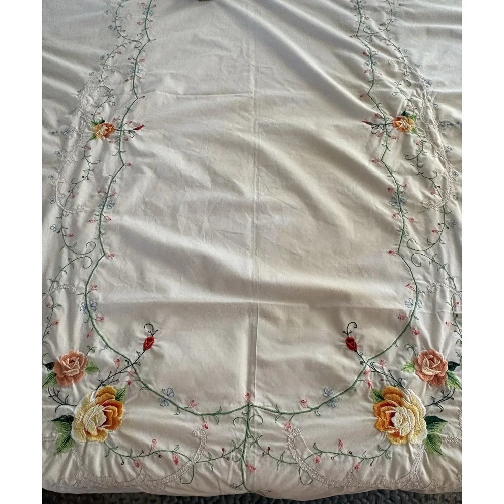 Vintage Embroidered Tablecloth Flowers & Vines Large 64